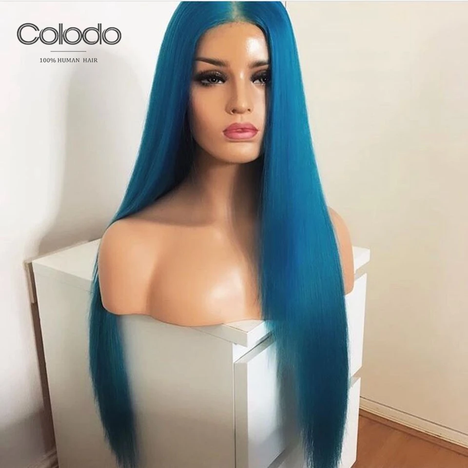 COLODO прямые Синтетические волосы на кружеве парик с детскими волосами голубой цвет волос Реми бразильские предварительно полные парики