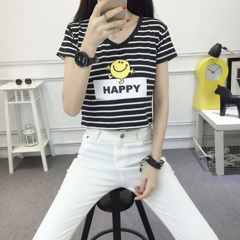Moda 20 patrón chica rayado crop top mujeres suelta 2017 camiseta delgada femenina o-cuello corto camiseta de manga corta casual camiseta