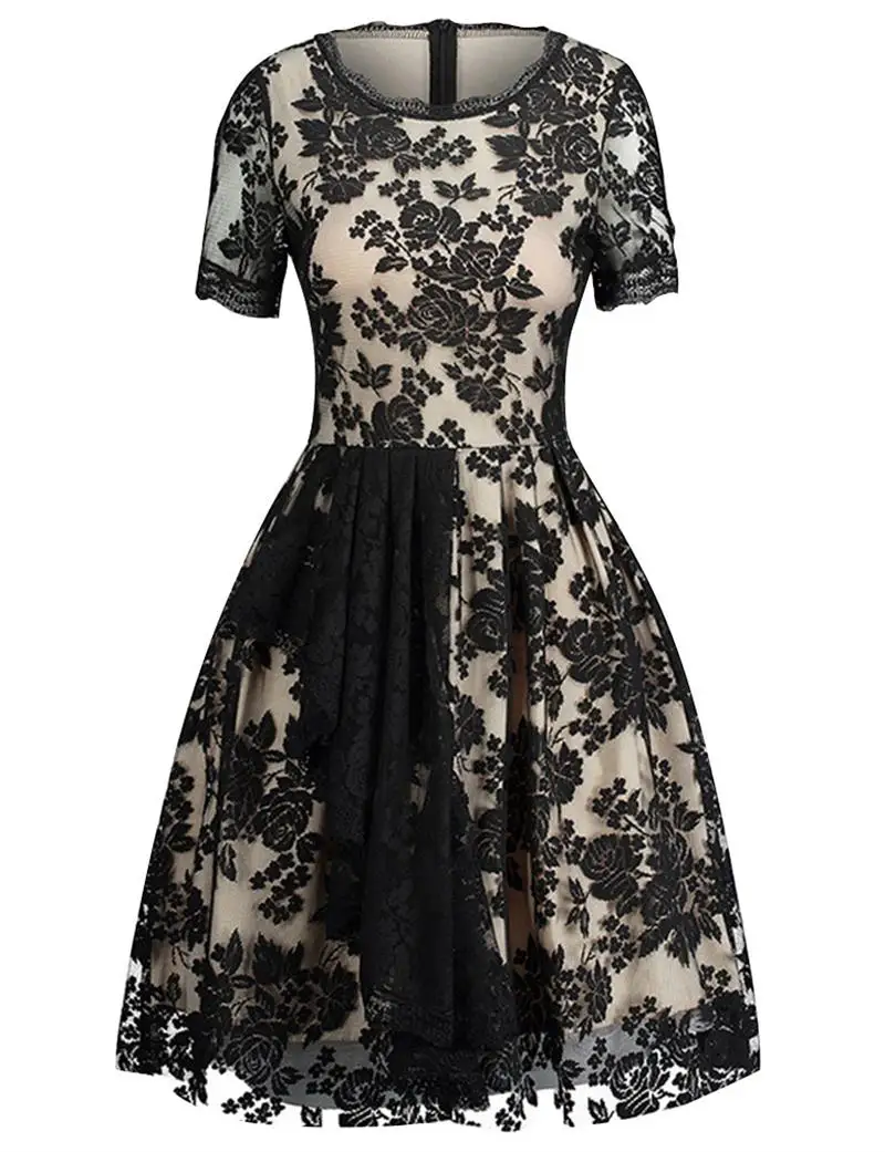 Women's Round Neck Short Sleeve Lace Splice Flower Embroidery Zip Back Overlay Midi Dress | Женская одежда