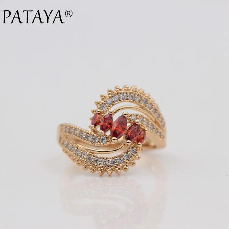 PATAYA New 585 Rose Gold Micro-wax Inlay Pomegranate Red Horse Eye Natural Zircon Rings Women Wedding Party Fine Unique Jewelry