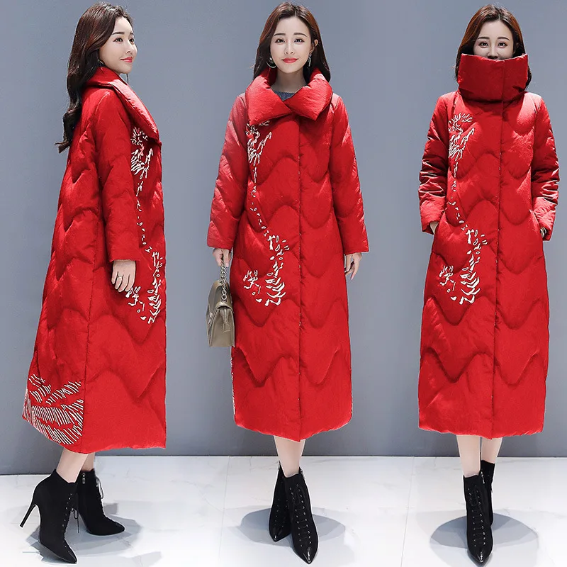 Длинное Элегантное теплое зимнее пальто с вышивкой женская одежда Украина размера плюс отложной воротник куртка с хлопковой подкладкой A801