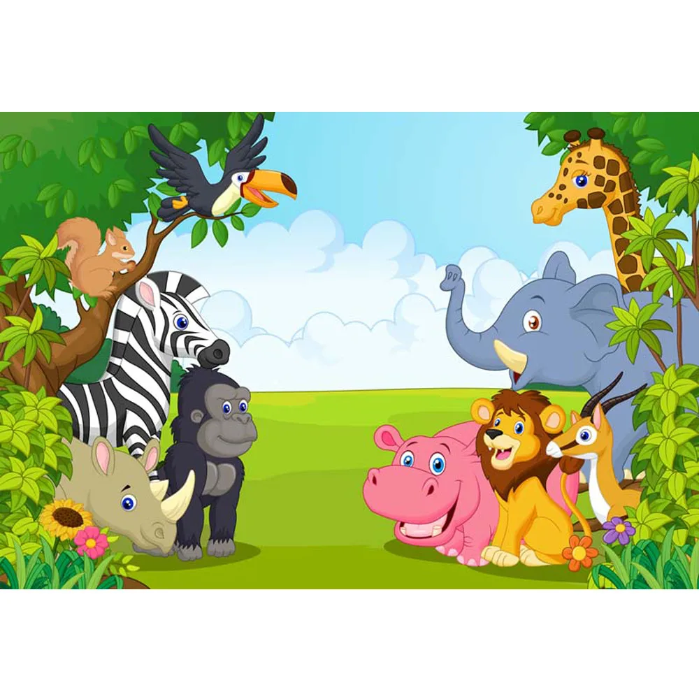 

Cartoon Animals Kids Happy Birthday Backdrop Printed Blue Sky Trees Flowers Newborn Baby Children Party Photo Booth Backgrounds