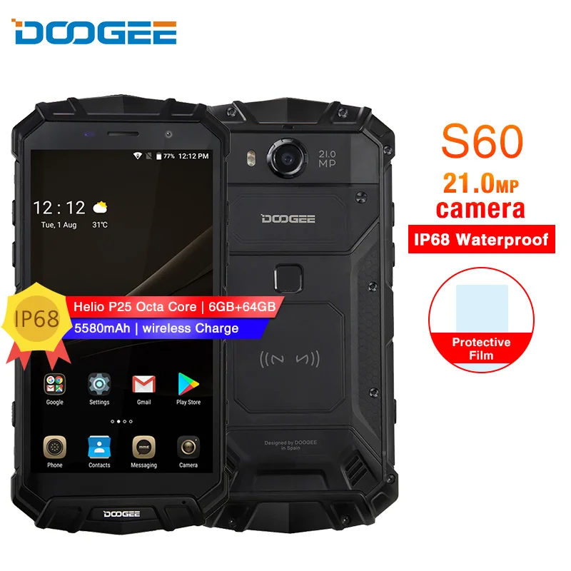 DOOGEE S60 IP68 Waterproof 5.2" Mobile Phone Android 7.0 Helio P25 Octa Core 6GB 64GB 5580mAh wireless Charge 21MP 4G smartphone |