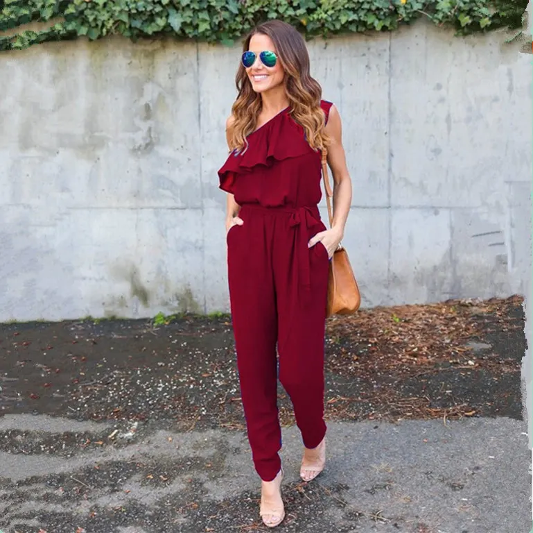 LOSSKY 2019 new  Irregular ruffled straps chiffon jumpsuit women's clothing casual sexy elegant solid jumpsuits summer vestidos