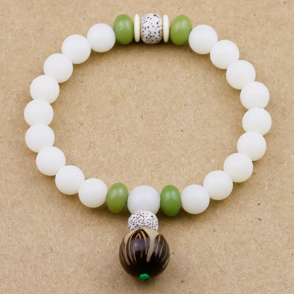 Natural White Bodhi Buddhist Prayer Beads Bracelet Lotus Flower Lucky