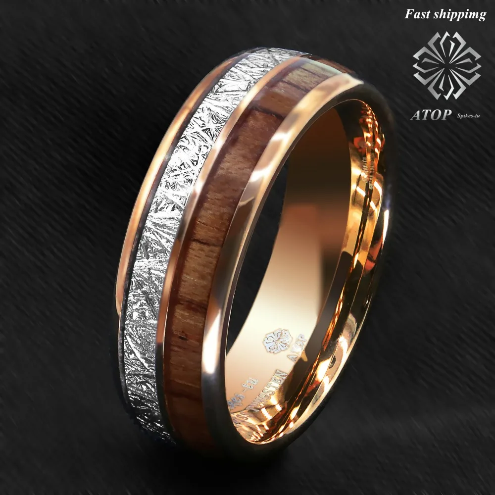 8 мм розовое золото КУПОЛ вольфрамовое кольцо серебро КоА деревянная инкрустация свадебные на вершине мужские ювелирные изделия