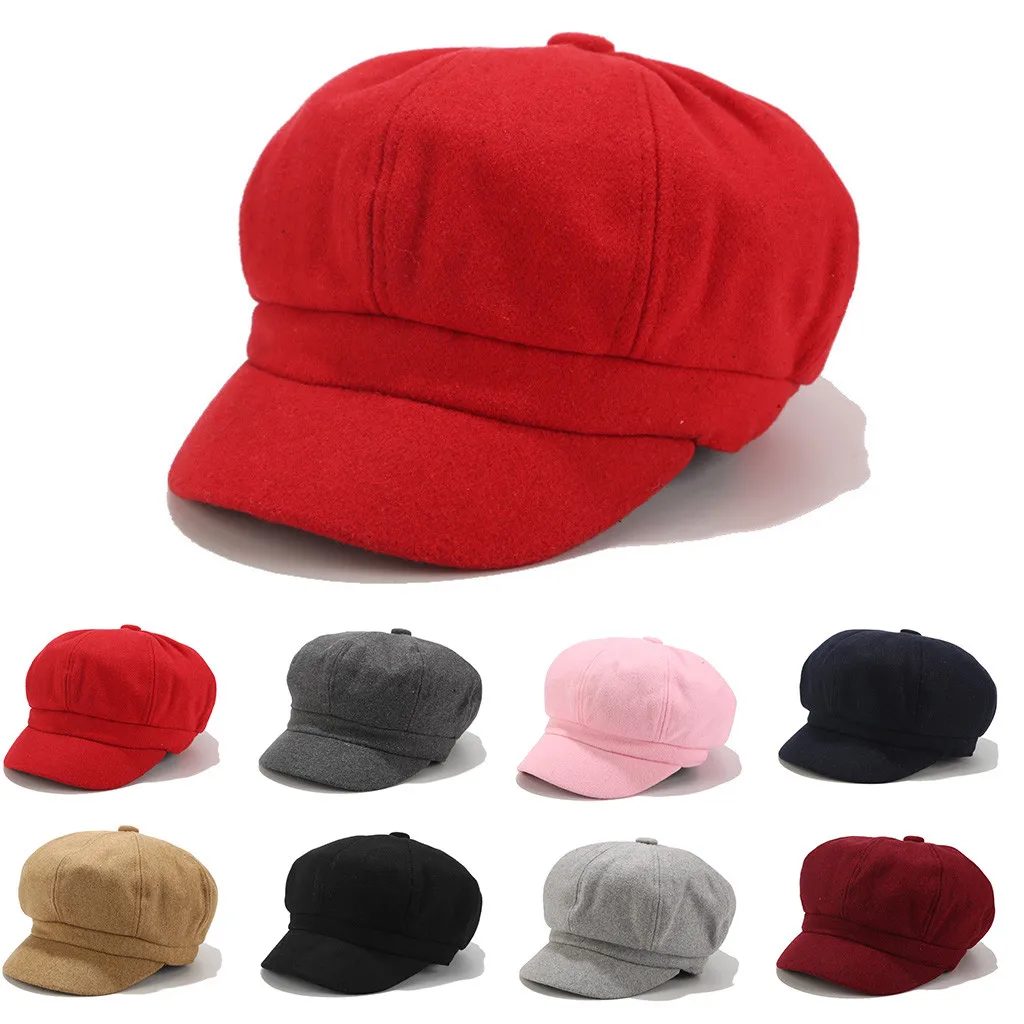 Осенне-зимние шапки для женщин, одноцветные Восьмиугольные кепки Newsboy для мужчин и женщин, повседневная шерстяная шапка, Зимний берет для женщин, шапка художника
