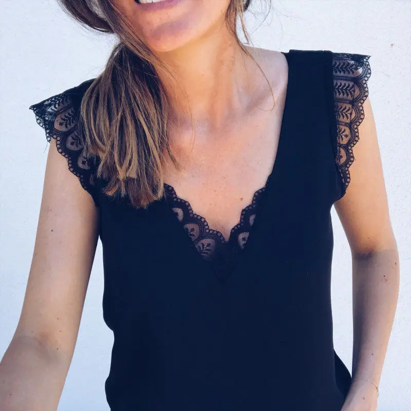 

Women Casual V neck Lace Top Summer Sleeveless Vest Sexy Loose Harajuku Blouse elegant Black Shirt Female dames camisa feminina