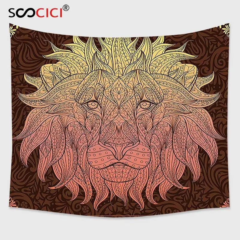 

Cutom Tapestry Wall Hanging,Safari Decor Patterned Ornate Lion Head with Digital Featuring Totem Asian Zoo Wild Boho Yellow