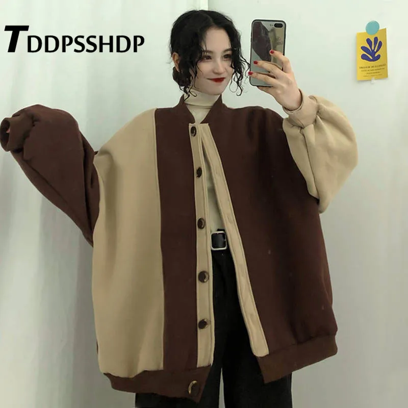

Spring Autumn Hongkong Style Chic Women Coat Thick Patchwork Lantern Sleeve Female Hipster Jacket