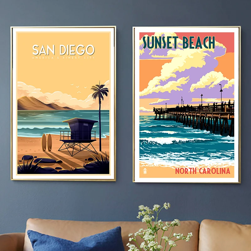 

San Diego California Sunset Beach Travel Canvas Paintings Vintage Wall Kraft Poster Coated Wall Stickers Home Decor Picture Gift