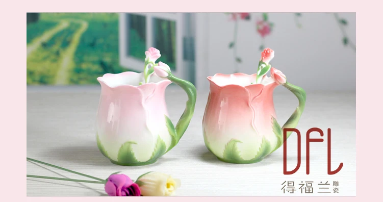 3D Розовая эмалированная кофейная кружка, чайная чашка с молоком, набор с ложкой, креативный керамический Европейский костяной фарфор, посуда для напитков для друга, подарок