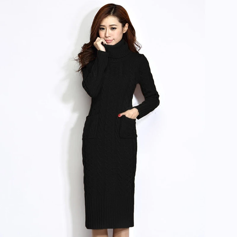 Thick Knitted Slit Women Sweater Dress Twist Turtleneck Long Dresses Women Fashion Autumn Winter Slim Bodycon Dress vestidos1020