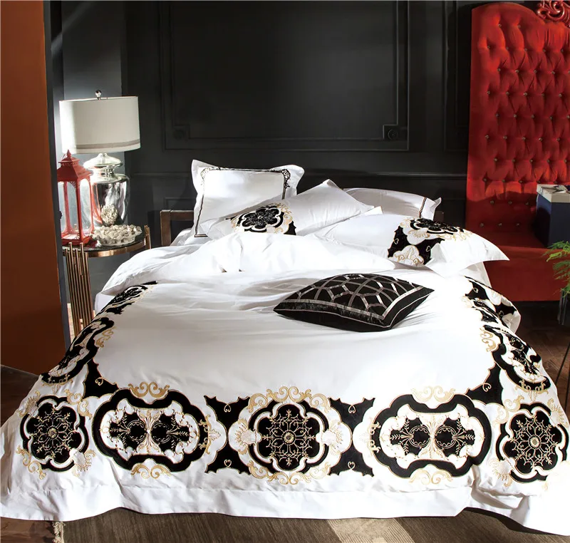 Waliicorners 100S Egyptian Cotton White Embroidery Luxury Bedding Set 4/6Pcs King Queen Size Wedding Bed Sheet Cover set Duvet cover Pillow 8 IMG_1257-2