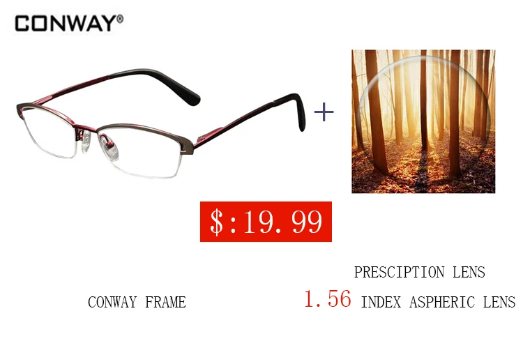 

CONWAY women metal glases with presciption lens hot selling optical glasses contact lenses eyewear red frame index aspheric lens