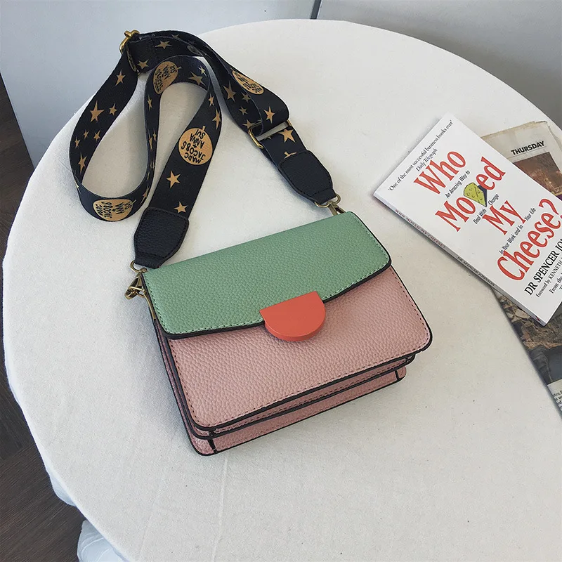 

Girl Bag New Korean Version Baitie Single Shoulder Slant Bag Coloured Wide Shoulder Belt Square Bag Fashion Female Square Bag