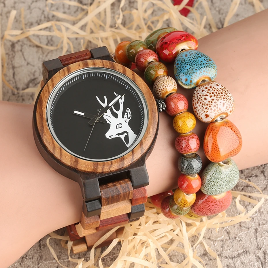 Natural Deer Head Elk Wood Watch Male Unique Mixed Color Full Wooden Watches Quartz Wristwatch Men Hours Clock Relogio Masculino (15)