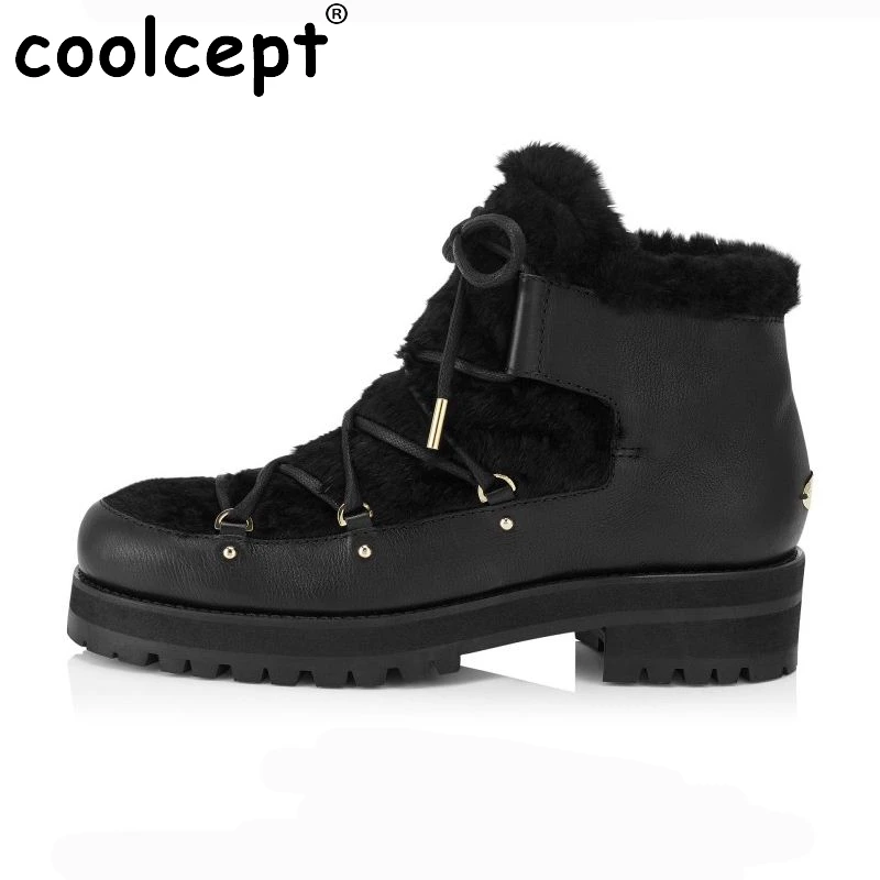 Winter Genuine Real Leather Boots Women Plush Ankle Snow Boots Feminina Casual Platforms Fashion Lace Up