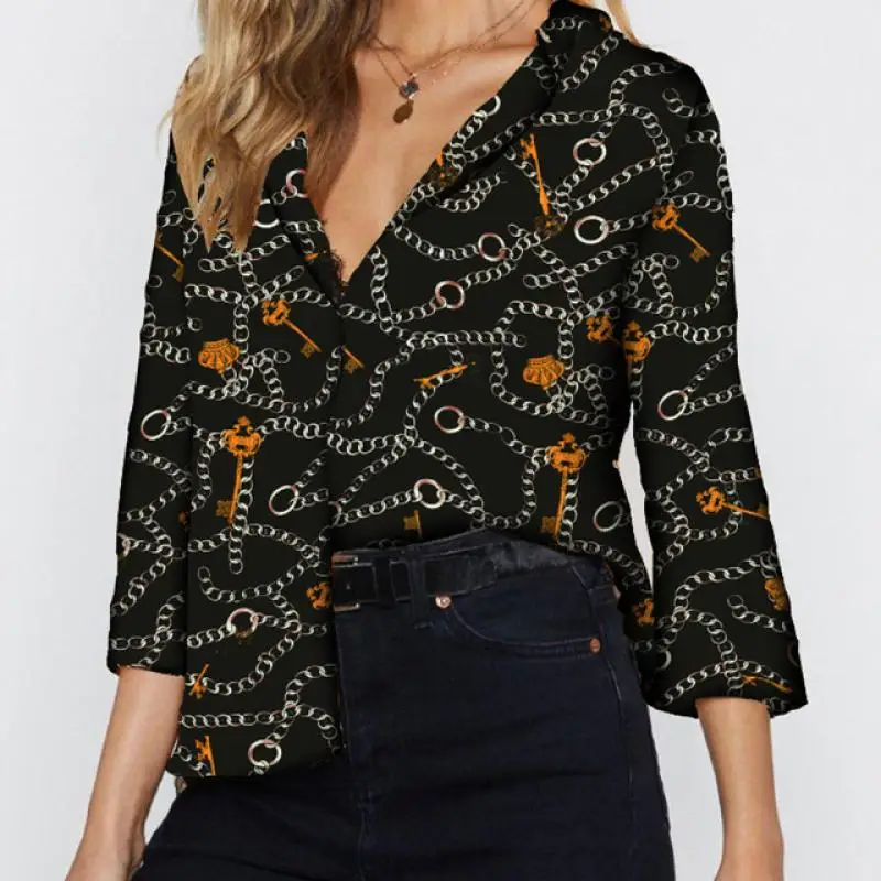 

Loose Chain Shirt Women Summer Casual Holiday Print Long Sleeve Blouse New Casual V Neck Top Hawaiian Shirt Large Size Xxxl