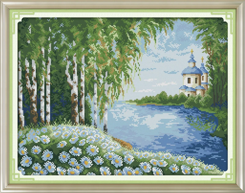 

White birch trees stream Counted Cross Stitch 11CT Printed 14CT Set DIY Chinese Cotton Cross-stitch Kit Embroidery Needlework