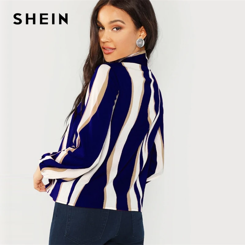 SHEIN Полосатая Блузка С Бантом Элегантная Офисная Блузка В Полоску С Длинным Рукавом