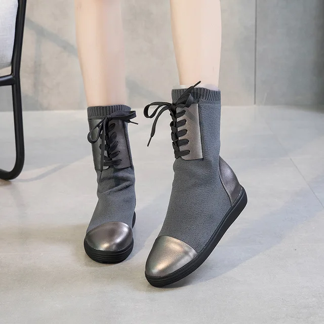 Women's Boots Autumn Winter Genuine Leather Mid-Calf Boots For Woman Winter Shoes Ladies Black Flat Boot Autumn Casual Shoe - Цвет: Grey