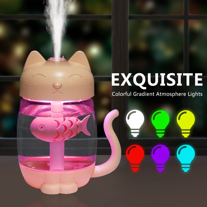 

3 in 1 350ML USB Cat Mini Air Humidifier Ultrasonic Cool-Mist Adorable Humidifier With LED Light Mini USB Fan for home office