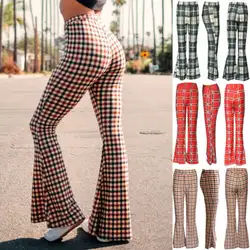 Новые модные женские винтажные клетчатые узоры Bell-bottom длинные брюки модные повседневные с высокой талией тонкие брюки S-XL