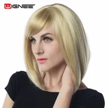 Wignee Mixed Color White Blonde Short Straight Hair Bob Wigs With Bangs None Lace Heat Resistant Hair Synthetic Wigs For Women Wignee Mixed Color White Blonde Short Straight Hair Bob Wigs With Bangs None Lace Heat Resistant Hair Synthetic Wigs For Women