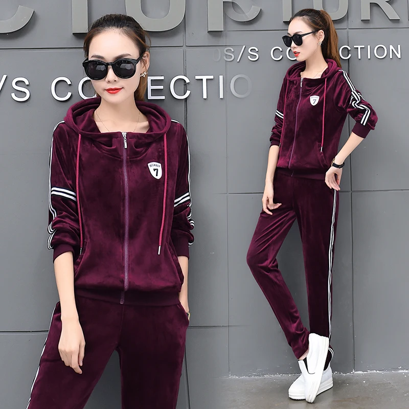 High quality Tracksuits Women 2017 Winter Fashion Velvet 2 Piece Set Female Casual Hooded Tops