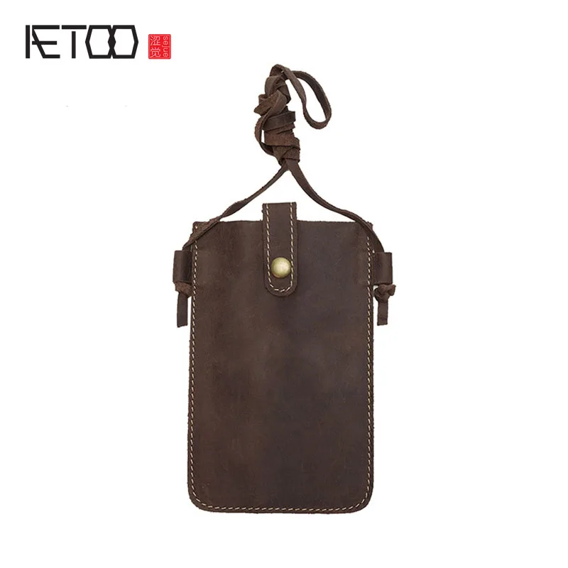 

AETOO 2017 Handmade leather phone bag buckle retro phone card bag crazy horse leather phone bag men and women hand bag