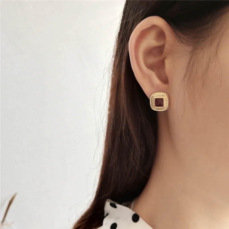 

925 Sterling Silver Women Square Enamel Gold Earrings Fine Jewelry 925 Silver Stud Earrings Fashion Wedding Party Jewelry Gift
