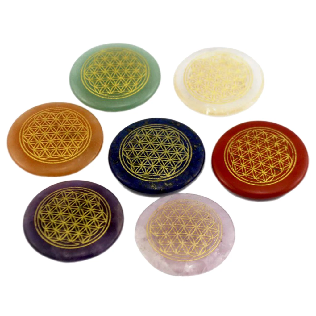 7pcs Natural Crystal Palm Stone Set Polished Engraved Circle Palm Crystal