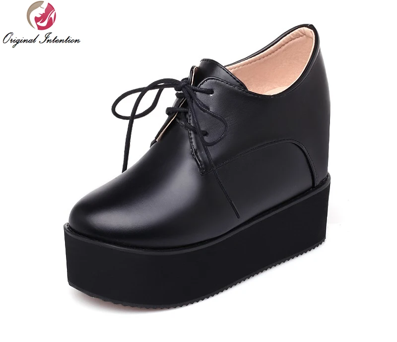 

Original Intention Women Casual Shoes Fashion Round Toe Increasing Heels Black White High-quality Shoes Woman Plus Size 4-15