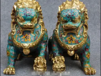 

9" Chinese Cloisonne Enamel Gilt Foo Fu Dog Guardion Lion Lions Statue Pair