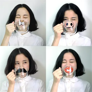 

KCASA 1Pc Handmade Cartoon Glass Cup High Temperature Resistant Transparent Water Drinking Mug Cat Pig Nose Pattern Glass Mugs