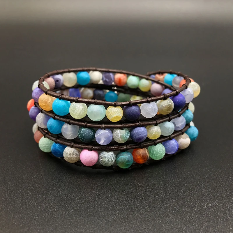 

Youga Vintage Leather Bracelets Vibrant Natural Stones 3 Strands Wrap 53cm Bracelets Woven Strand Bracelet Handmade Jewelry