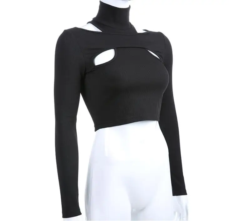 2019 new irregular hollow high collar short long sleeve t-shirt