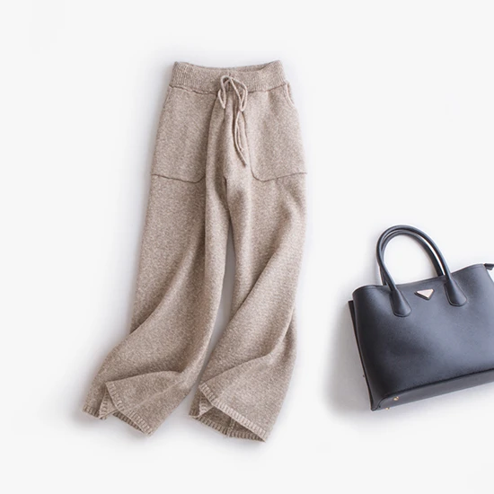 new fahion cashmere wool blends knit women turtleneck sweater suits pullover wide leg pant 2pcs/set one&over size