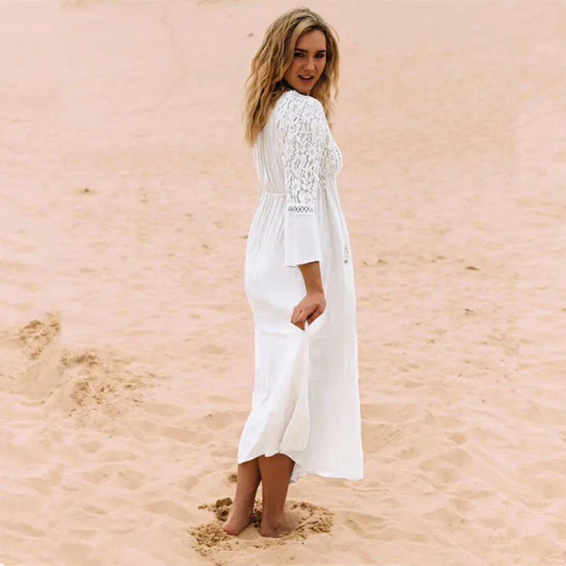 Günstig [NODELAY] Frauen Spitze Häkeln Bikini Cover Up Lang Bademode Pareo Strand Tunika Kleid Weiß Sexy Robe Baumwolle Bade anzug Kaftan