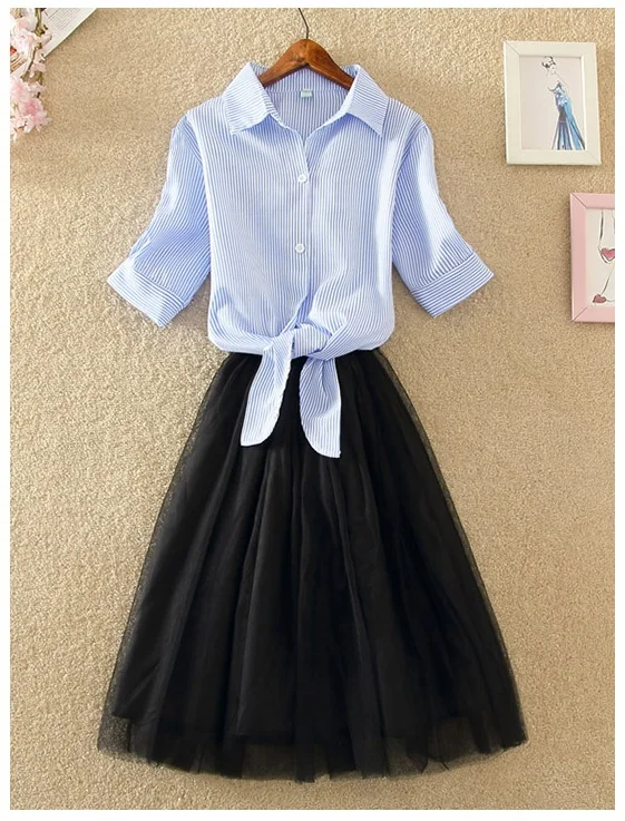 Shirt And Sling Tutu Dress Suit Women 2018 Summer Cute 2 Piece Dress Blue Pink Shirt And White Veil Dresses Plus Size 3XL 4XL (22)