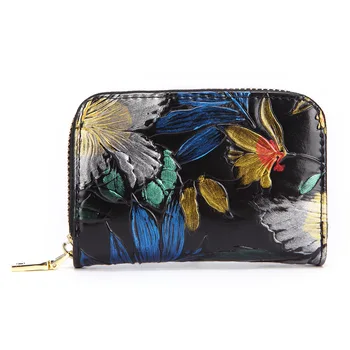

Women Genuine Embossed Leather Bifold ID/Credit Card Holder Purse Money Coin Pocket Zipper Floral Female Retro Short Wallet