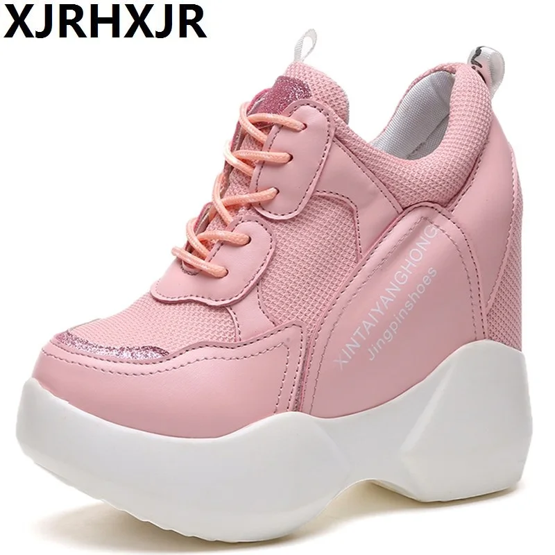 

2018 Summer Women Sneakers Mesh Casual Platform Trainers White Shoes 12CM Heels Wedges Breathable Woman Height Increasing Shoes