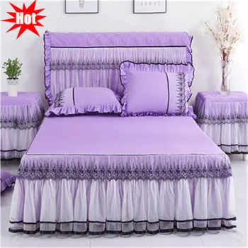 

high quality 3pcs non-slip lace bedskirt princess bedspreads fashion lace mattress protect cover quality lace edging bed cover