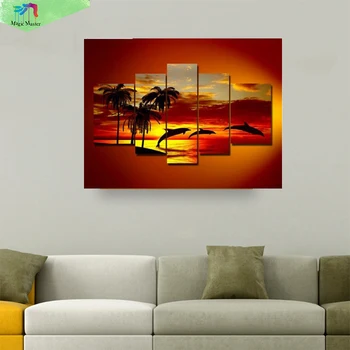 

5D DIY full round drill Diamond drawing Cross Stitch Sunset dolphin 5pcs Embroidery Rhinestones Mosaic home decorative RT7412