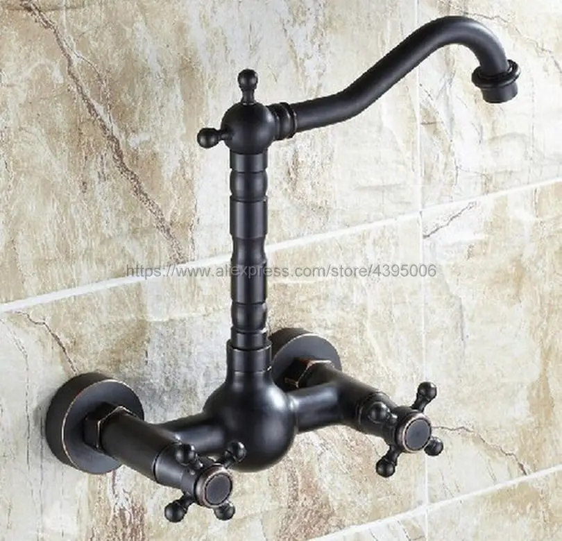 

Oil Rubbed Bronze Double Handle Kitchen Faucet Wall Mounted 360 Degree Rotate Bathroom Kitchen Mixers Hot and Cold Tap Bnf265