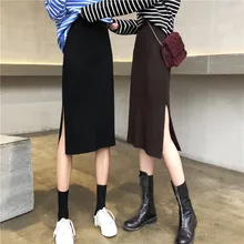 Lychee, для девочек, с завышенной талией, женские вязаные эластичные юбки, с разрезом по бокам, женские юбки средней длины, однотонные, милые, офисные, стильные юбки для девушек