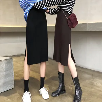 

Lychee Girls Empire Waist Women Knitted Elastic Skirts Side Split Female Mid Skirts Solid Color Sweet Office Lady Style Skirts