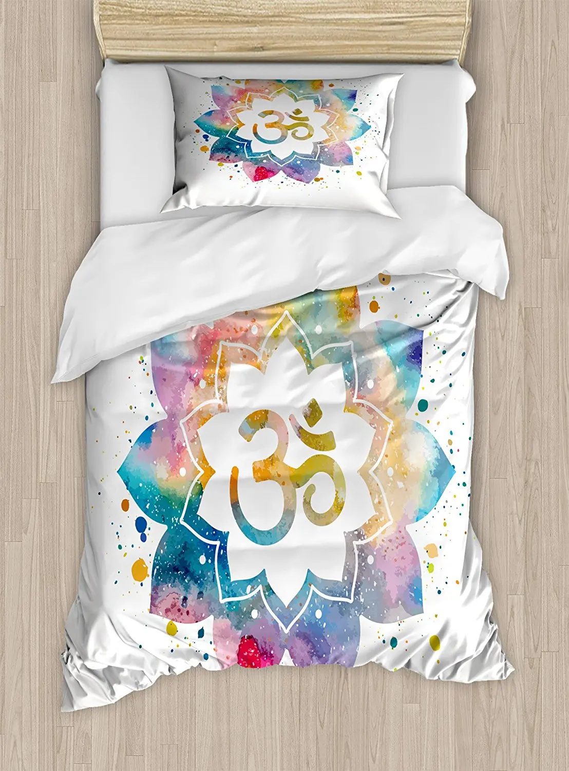 

Yoga Duvet Cover Set Religious Spiritual Sign on Artistic Lotus Flower with Watercolor Splash Peace of Mind Bedding Set