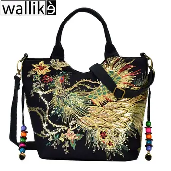 

Wallike Fashion Embroidery Ethnic Canvas Tote Bag Vintage Peacock Designer Shoulder Bags Casual Lady Retro Floral Beading Bags